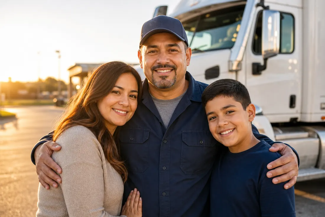 Camionero hispano con su familia junto a su camión