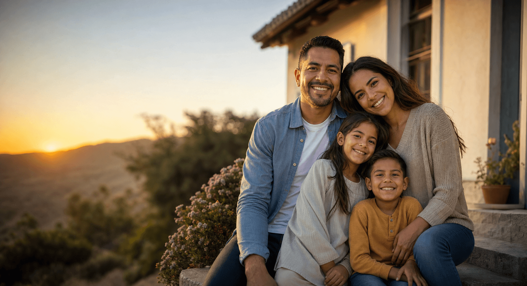 Familia hispana protegida al atardecer
